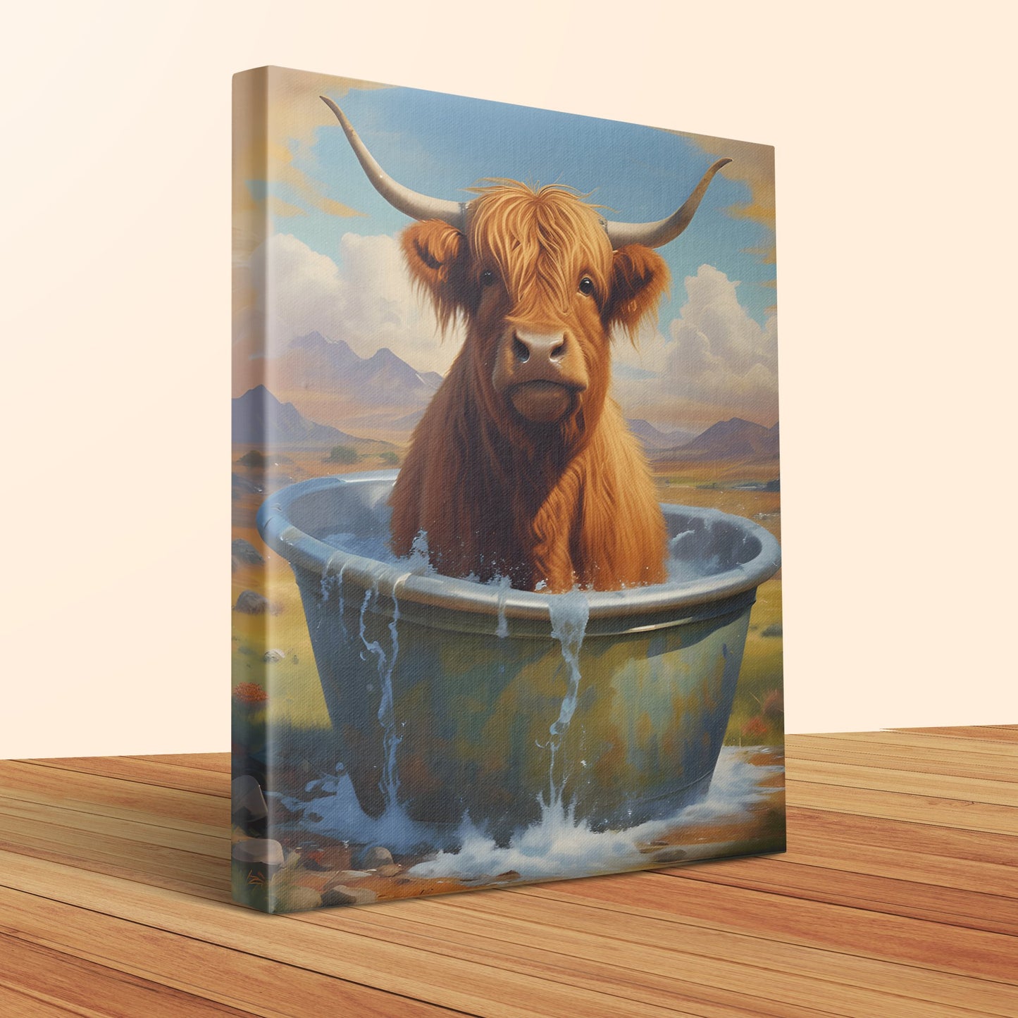 Highland Cow in Bathtub Wall Art Canvas, Cute Farm Animal Print