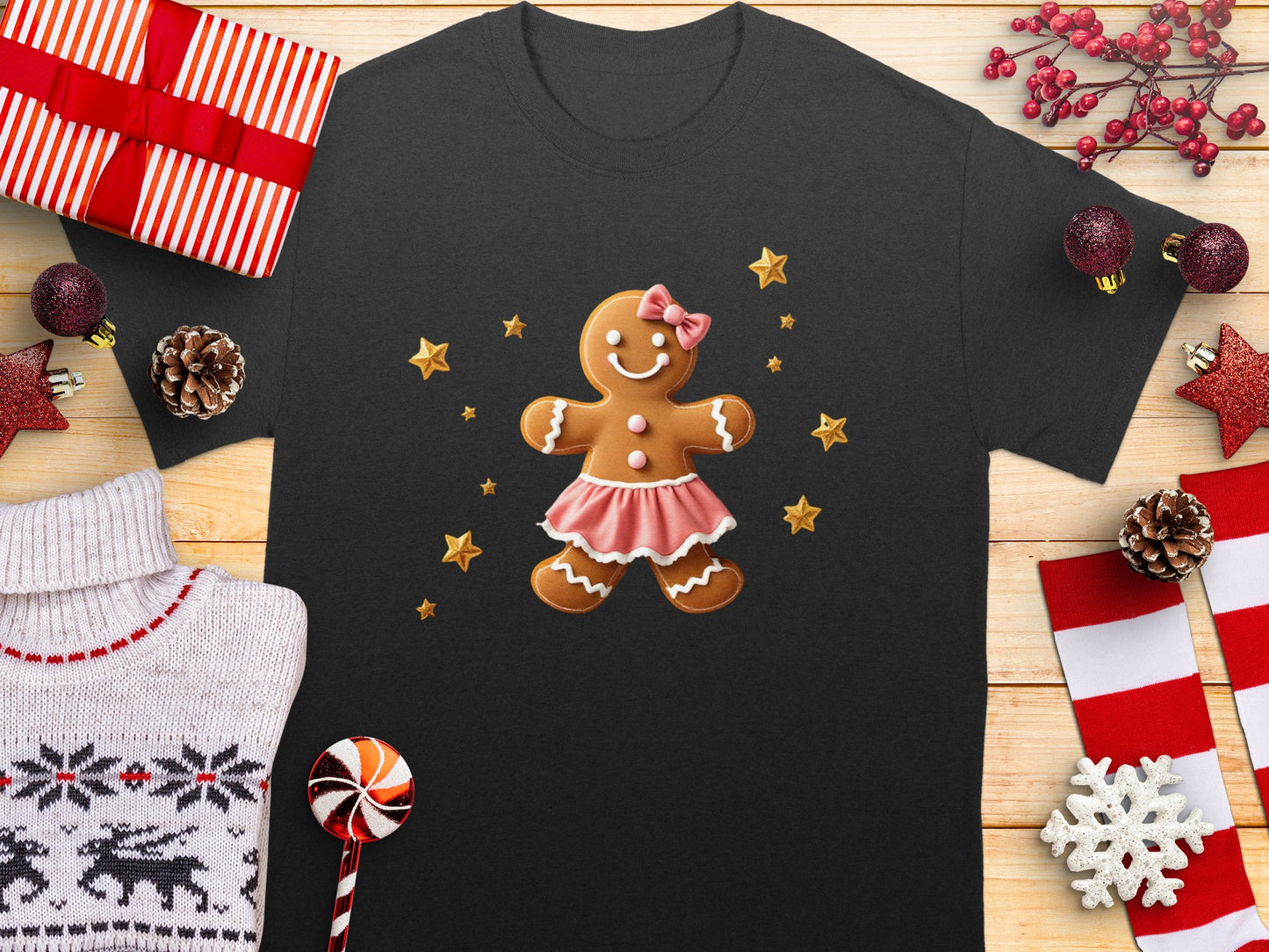 PERSONALISED Cute Gingerbread Cookie Girl T-Shirt, Fun Christmas Novelty Tee